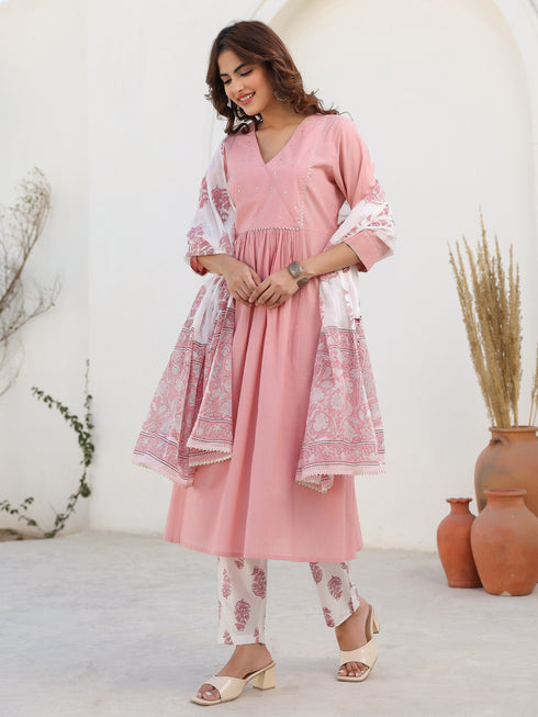 Light Pink Pure Cotton Floral Printed A-line Kurta Set