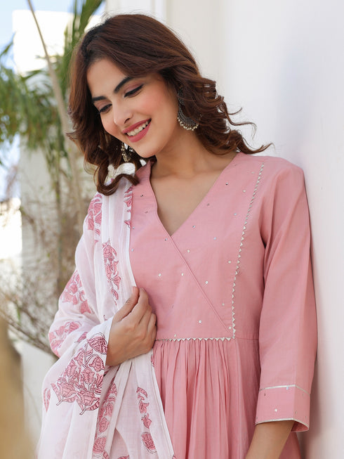 Light Pink Pure Cotton Floral Printed A-line Kurta Set