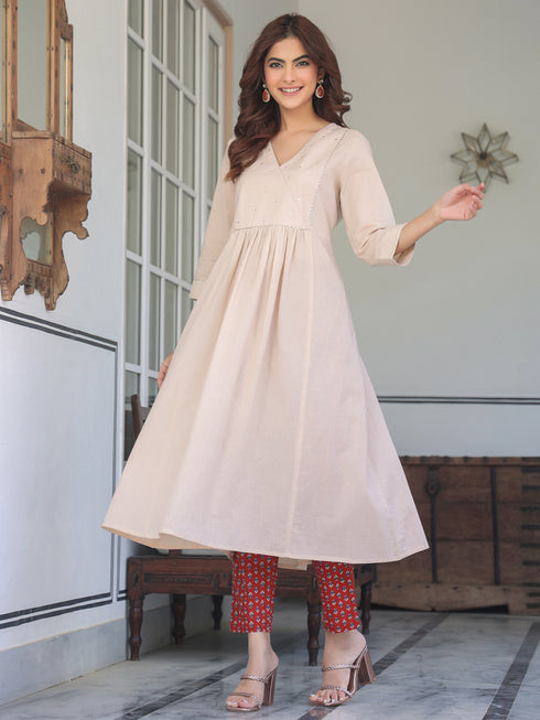 Beige Pure Cotton Floral Printed A-line Kurta Set