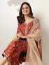 Red Pure Cotton Floral Printed Yoke Embroidered Straight Kurta Set