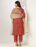 Red Pure Cotton Floral Printed Yoke Embroidered Straight Kurta Set