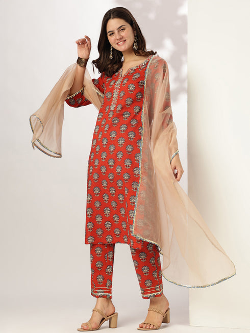 Red Pure Cotton Floral Printed Yoke Embroidered Straight Kurta Set