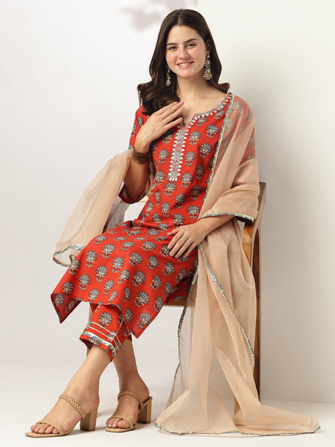 Red Pure Cotton Floral Printed Yoke Embroidered Straight Kurta Set