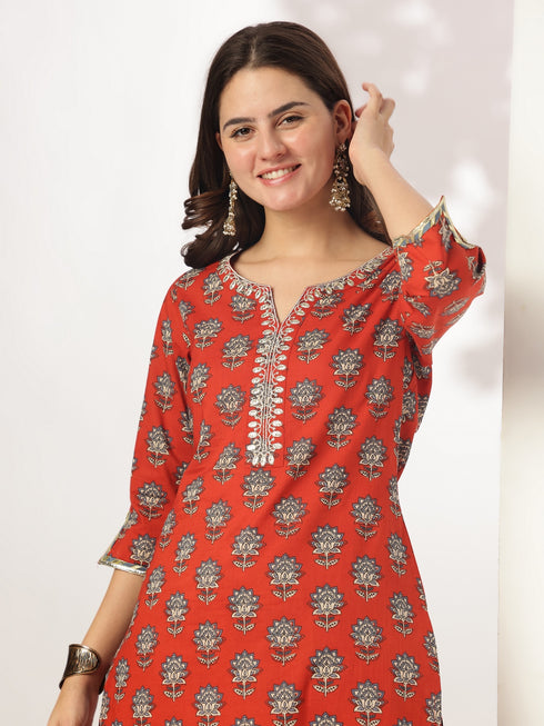 Red Pure Cotton Floral Printed Yoke Embroidered Straight Kurta Set