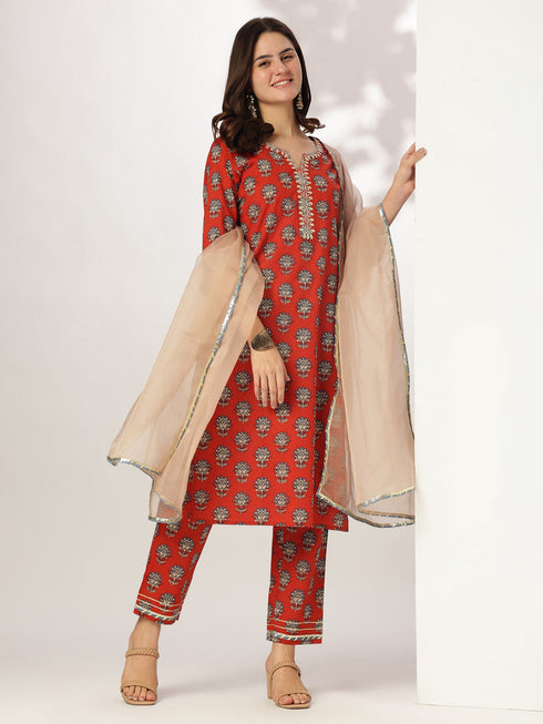 Red Pure Cotton Floral Printed Yoke Embroidered Straight Kurta Set