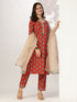 Red Pure Cotton Floral Printed Yoke Embroidered Straight Kurta Set