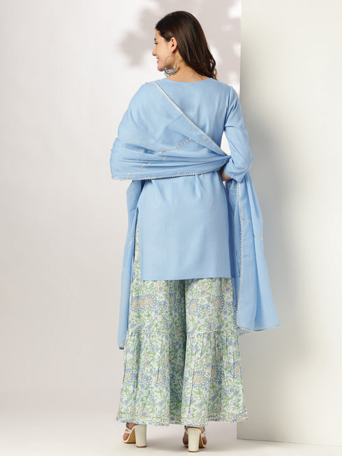 Light Blue Pure Cotton Solid Straight Kurta With Printed Sharara Set