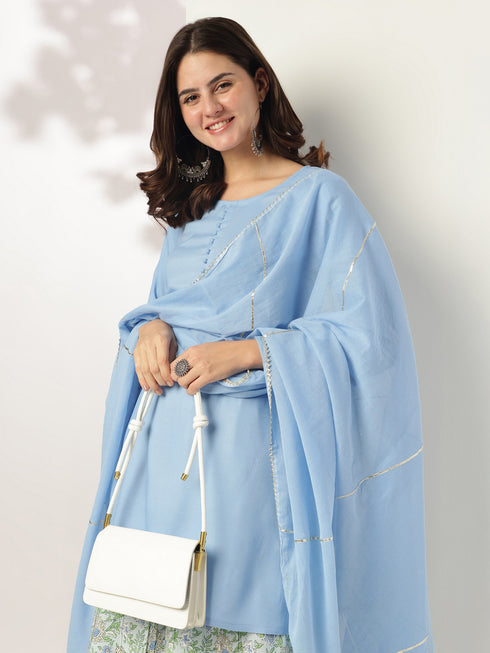 Light Blue Pure Cotton Solid Straight Kurta With Printed Sharara Set