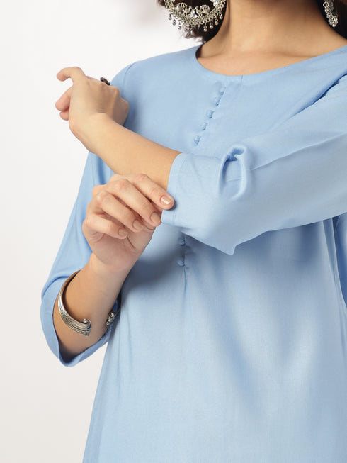 Light Blue Pure Cotton Solid Straight Kurta With Printed Sharara Set