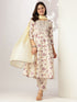 Off White Pure Cotton Floral Printed Yoke Embroidered Anarkali Kurta Set