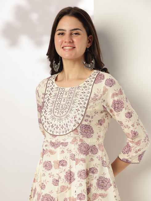 Off White Pure Cotton Floral Printed Yoke Embroidered Anarkali Kurta Set