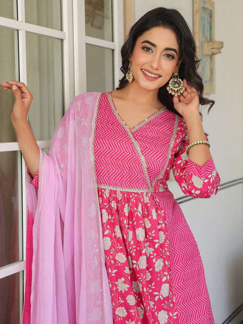 Pink Pure Cotton Floral Printed A-line Kurta Set