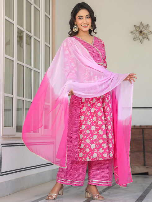 Pink Pure Cotton Floral Printed A-line Kurta Set