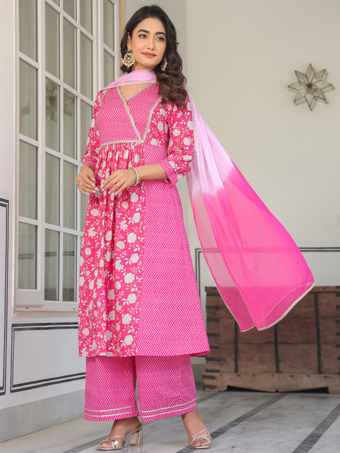 Pink Pure Cotton Floral Printed A-line Kurta Set