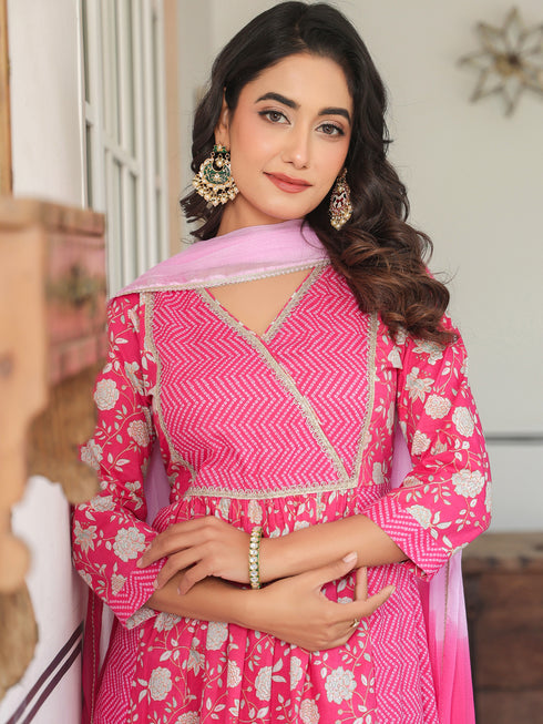 Pink Pure Cotton Floral Printed A-line Kurta Set