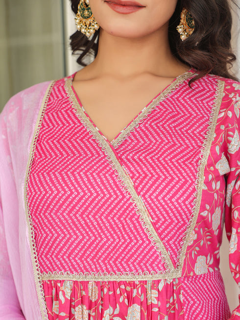 Pink Pure Cotton Floral Printed A-line Kurta Set