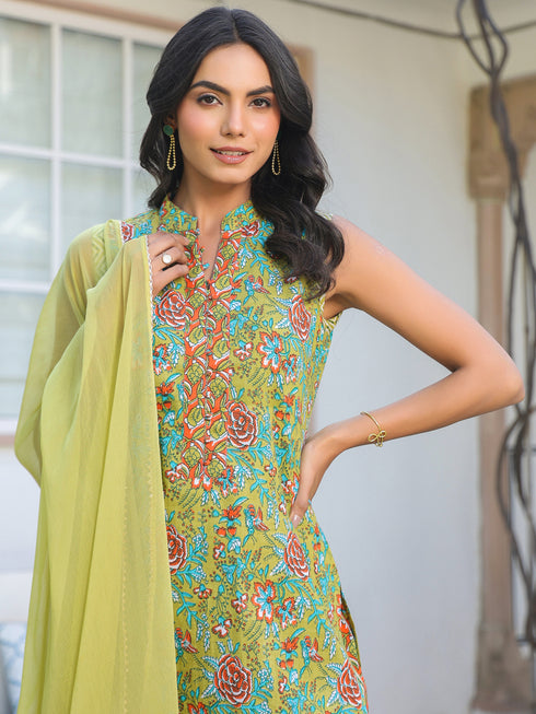Light Green Pure Cotton Floral Printed Straight Kurta Set