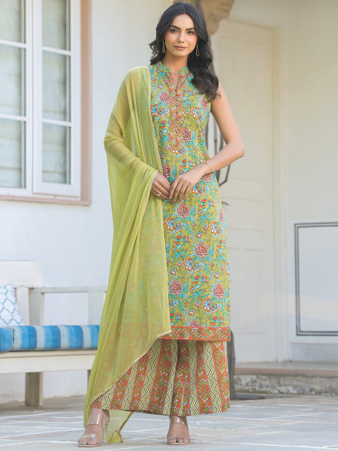 Light Green Pure Cotton Floral Printed Straight Kurta Set