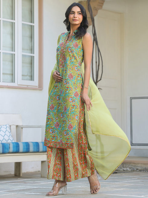 Light Green Pure Cotton Floral Printed Straight Kurta Set