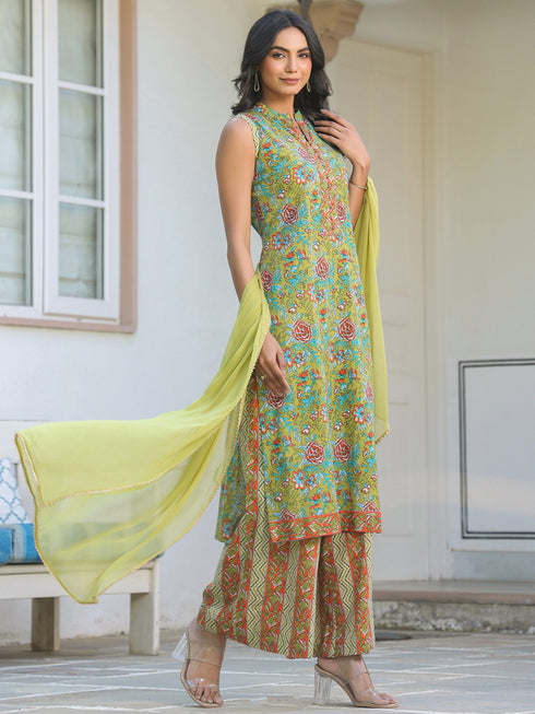 Light Green Pure Cotton Floral Printed Straight Kurta Set