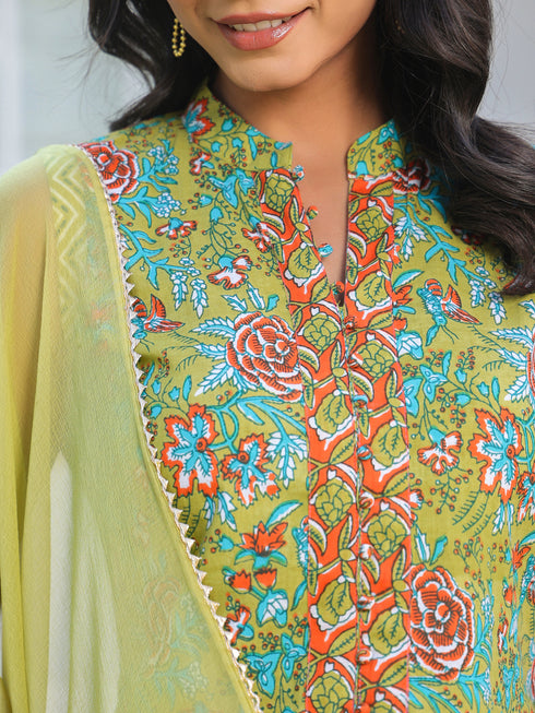 Light Green Pure Cotton Floral Printed Straight Kurta Set