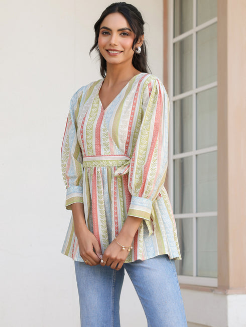 Off White Pure Cotton Floral Printed Peplum Top