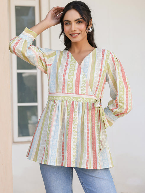 Off White Pure Cotton Floral Printed Peplum Top