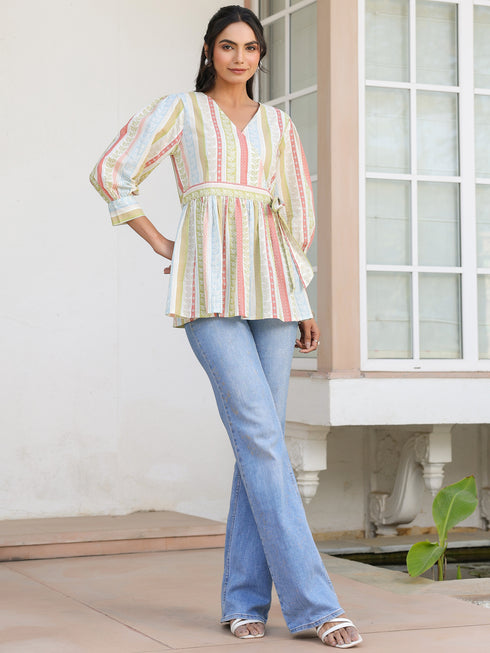 Off White Pure Cotton Floral Printed Peplum Top