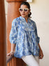 Janasya Women's Blue Pure Cotton Floral Printed A-line Top