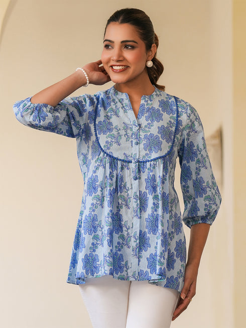 Janasya Women's Blue Pure Cotton Floral Printed A-line Top