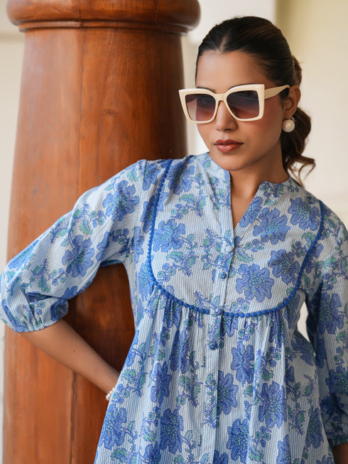 Janasya Women's Blue Pure Cotton Floral Printed A-line Top