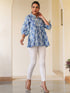 Janasya Women's Blue Pure Cotton Floral Printed A-line Top