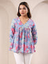 Janasya Women's Blue Pure Cotton Floral Printed A-line Top