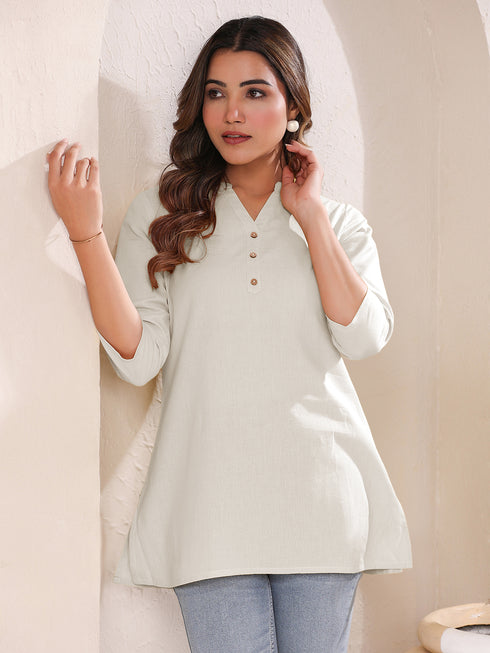 Janasya Women's Off White Cotton Solid A-line Top