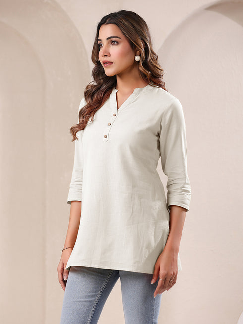 Janasya Women's Off White Cotton Solid A-line Top