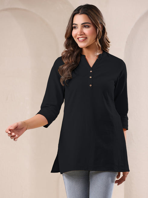 Black Cotton Blend Solid A-line Top