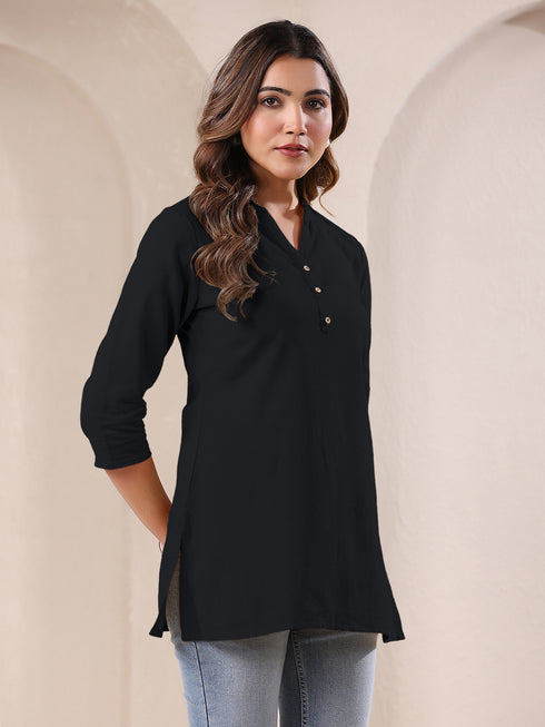 Black Cotton Blend Solid A-line Top