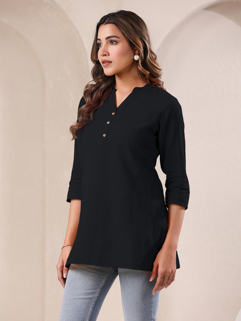Black Cotton Blend Solid A-line Top