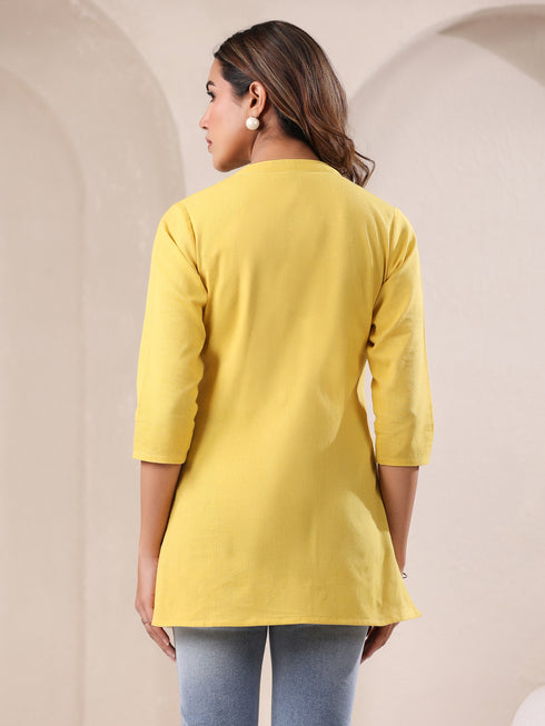 Yellow Cotton Blend Solid A-line Top