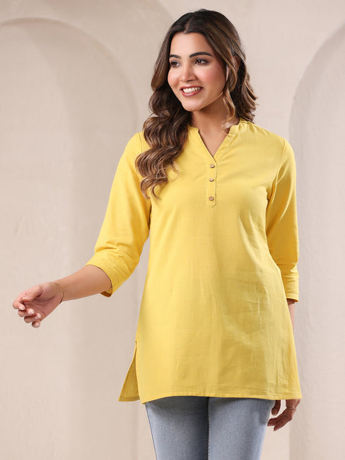 Yellow Cotton Blend Solid A-line Top