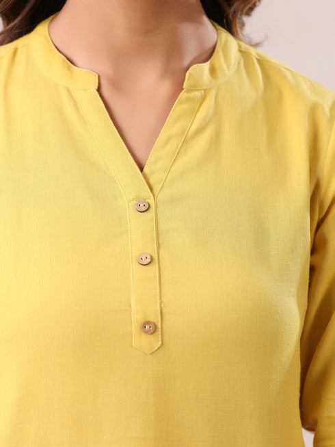 Yellow Cotton Blend Solid A-line Top