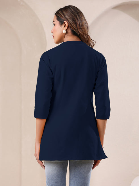 Navy Blue Cotton Solid A-line Top