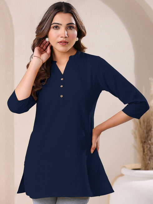 Navy Blue Cotton Solid A-line Top