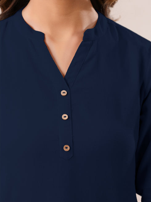 Navy Blue Cotton Solid A-line Top