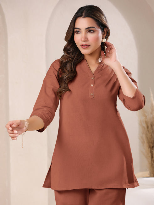 Rust Cotton Blend Solid A-line Top