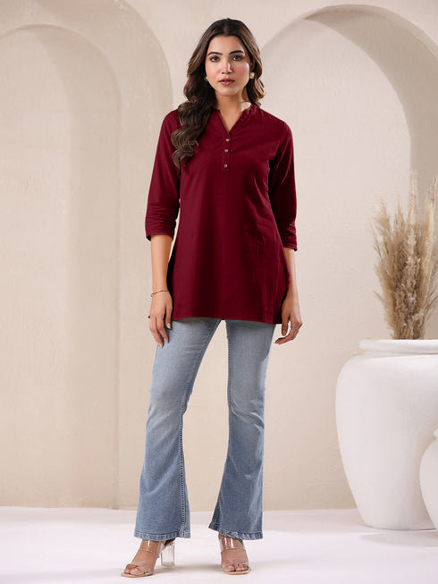 Maroon Cotton Blend Solid A-line Top