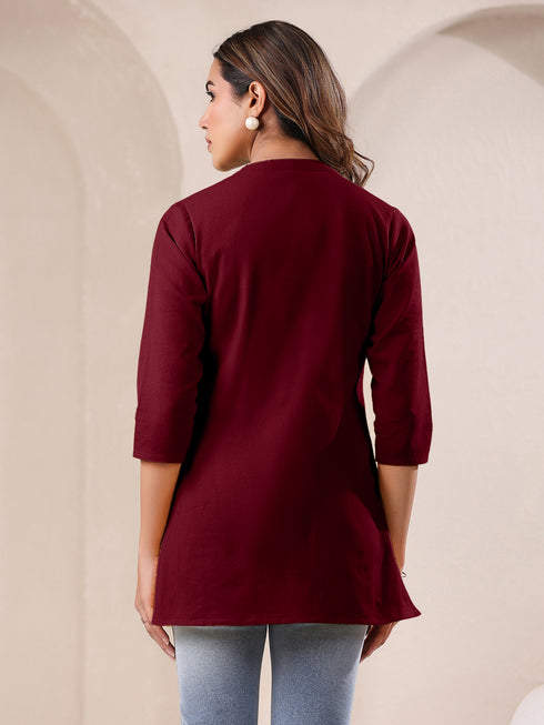 Maroon Cotton Blend Solid A-line Top