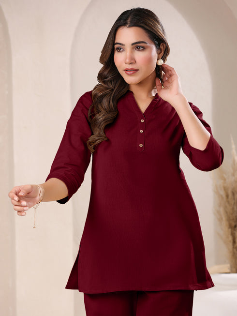 Maroon Cotton Blend Solid A-line Top