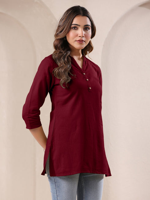Maroon Cotton Blend Solid A-line Top