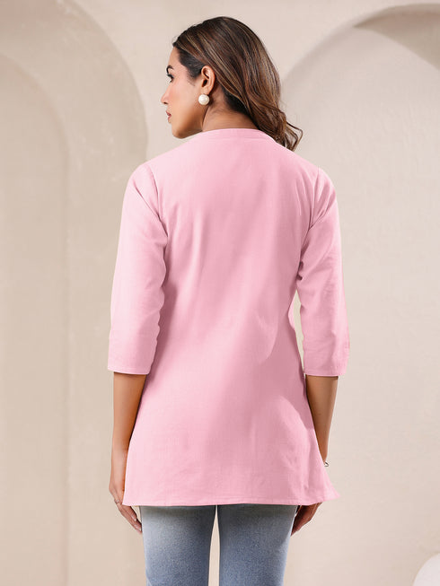 Pink Cotton Blend Solid A-line Top